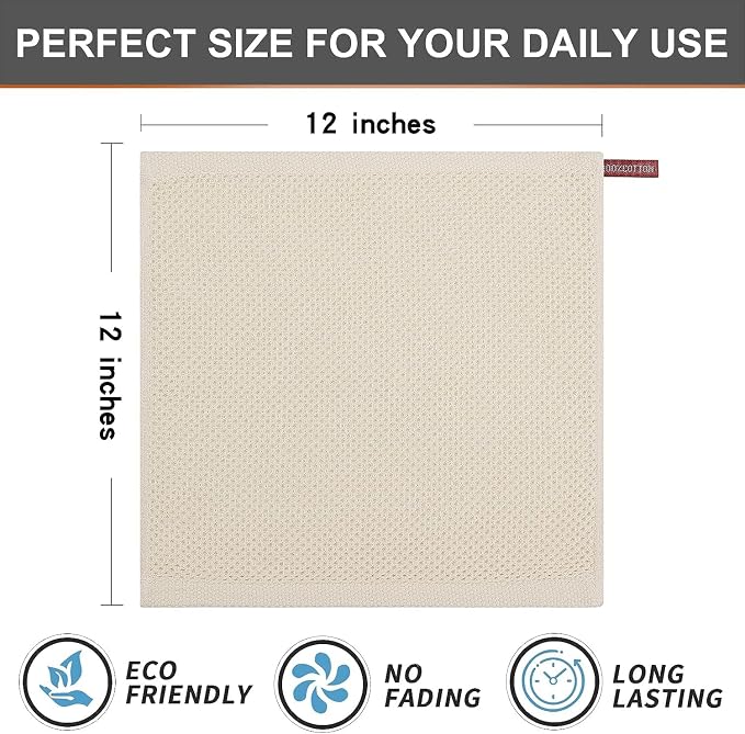 Kitinjoy 100% Cotton Kitchen Dish Cloths (12 X 12 Inches, Beige), 12 Pack Waffle Weave Ultra Soft Absorbent Dish Towels for Drying Dishes Quick Drying Kitchen Towels Dish Rags