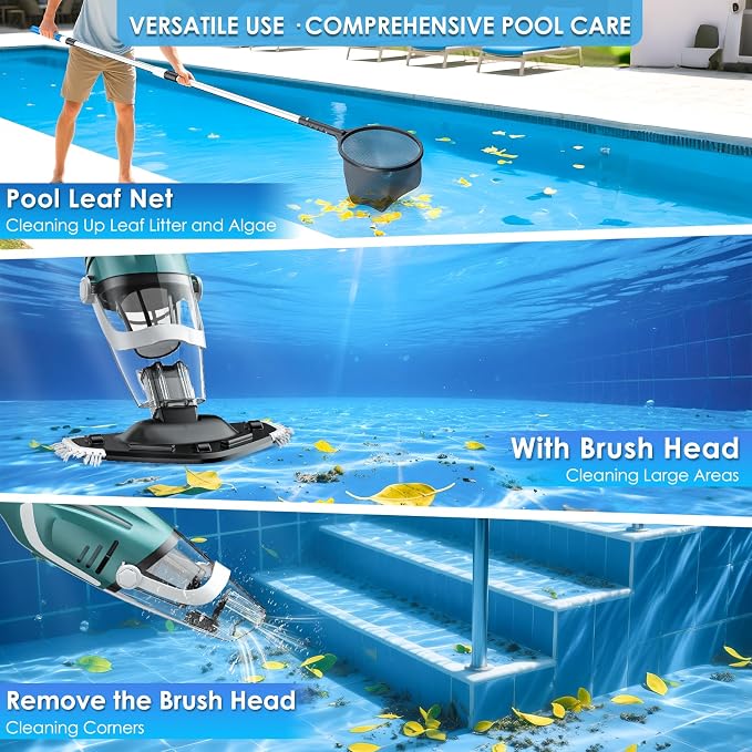 Pool Vacuum for Above Ground Pool, Handheld Rechargeable Pool Cleaner, Turbo™ Technology, Strong Suction 2700L/H, Running up to 75Min, Designed for Cleaning Leaves, Sand, Small Spas/Hot Tubs