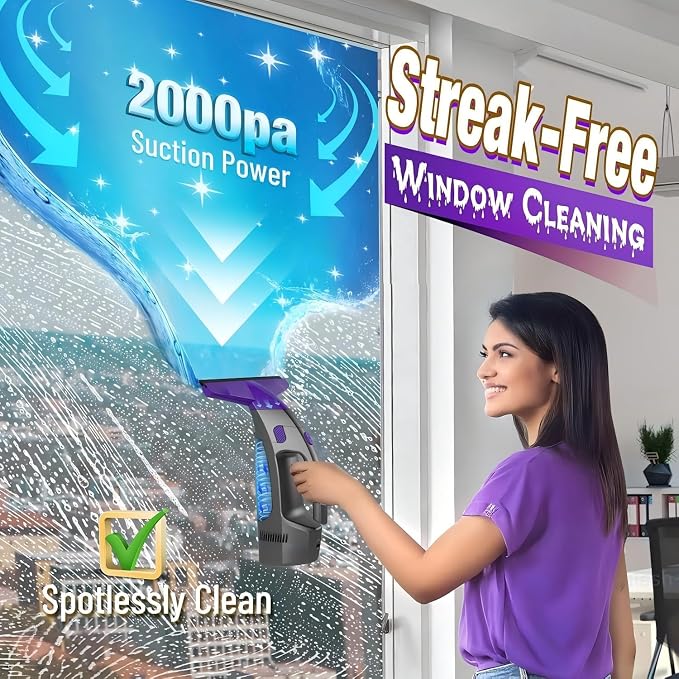Window Vacuum Squeegee Cordless, 2000Pa Electric Window Cleaner Tool with Power Blade, Handheld Window Cleaning Kit for Streak-Free Glass, Shower Doors, Mirrors, Tiles, Car Windows