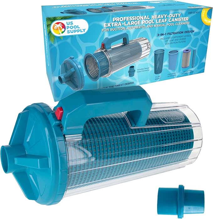 U.S. Pool Supply Pool Leaf Canister - XL Heavy Duty Inline Pool Leaf Catcher, 3-in-1 Filtration (3 Filters, Basket, Mesh Bag & Micro-Cartridge) - Fits 1.5" Hoses, Catch Leaves, Inground Vacuum Cleaner