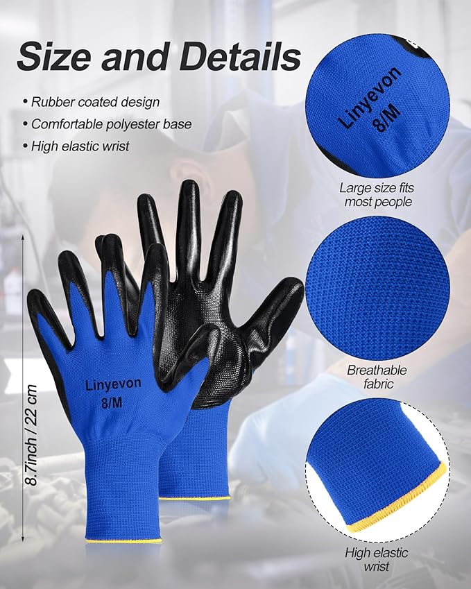 Maxcheck PU Coated Gloves Bulk, Reusable Rubber Safety Gloves for Men Women Work Warehouse, Mechanic, Woodworking