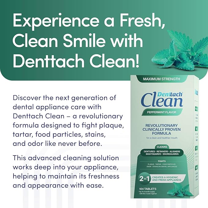 Denttach Clean Retainer Cleaner Tablets, Denture Cleaning Tablets, Maximum Strength Denture Cleaner for Ultra Fresh Dentures, Night Guard Cleanser, Eliminates Stains, Peppermint 104 Count Pack of 2