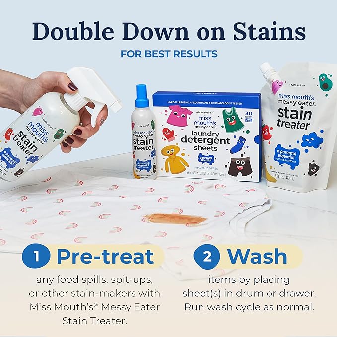 Miss Mouth's Messy Eater Stain Treater Spray - 16oz Stain Remover and Laundry Detergent Sheets - Newborn & Baby Essential