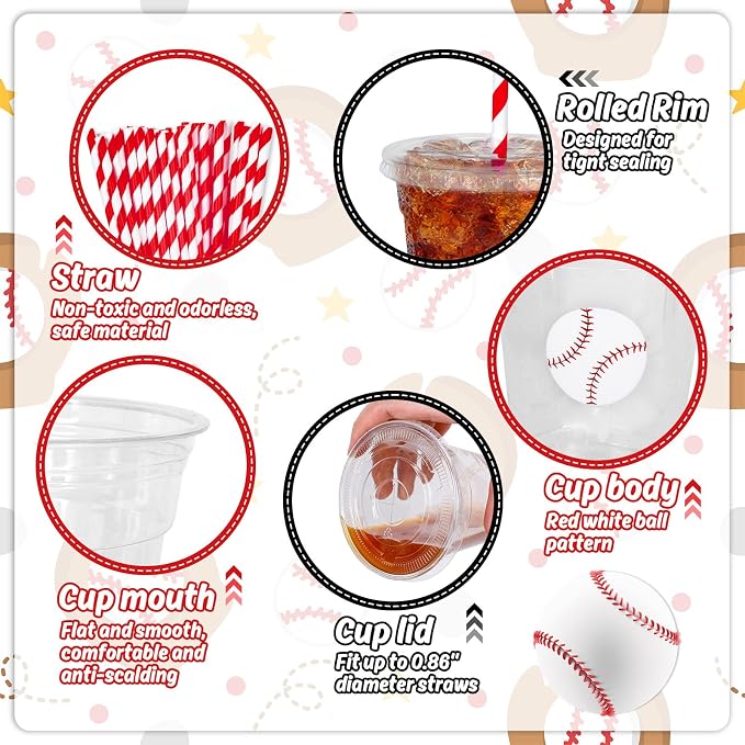 Whaline 50 Pcs Baseball Disposable Plastic Cups with Lids and Straws Red White Ball Cold Beverage Drinking Cups for Sports Theme Baseball Game Party Supplies