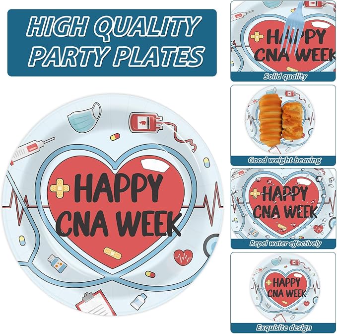 CHUNNIN 96Pcs Happy CNA Week Plates and Napkins Nurse Appreciation Week Party Decorations We Love Our CNAS Dessert Plates Nurse Tableware for 24 Guests CNA Appreciation Week Party Supplies
