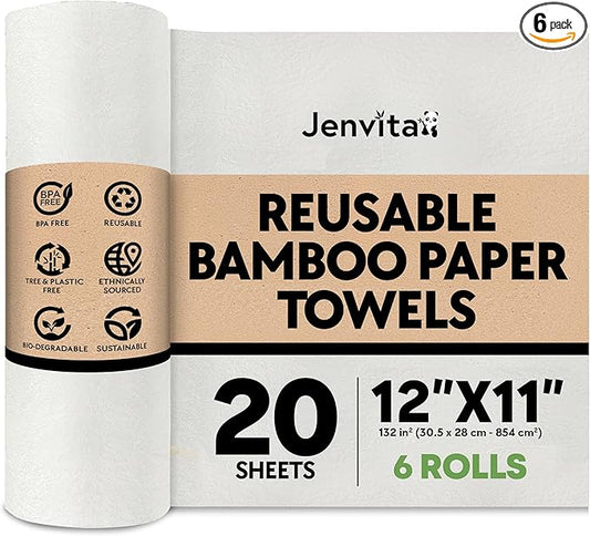 Bamboo Paper Towels Reusable | Absorbent, Heavy Duty & Washable | Organic Paper Towel | FSC Certified | 100% Rayon Derived From Bamboo | Unpaper Towel Alternative | 20 Sheets, 12"x11 | 6 Rolls