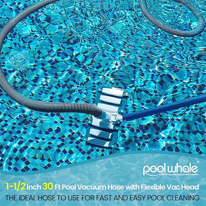 POOLWHALE Professional 1-1/2-Inch x 30-Feet Swimming Pool Vacuum Hoses and Weighted Rotatable Handle Vacuum Head with Wheels, Perfect for Above Ground and Inground Pools