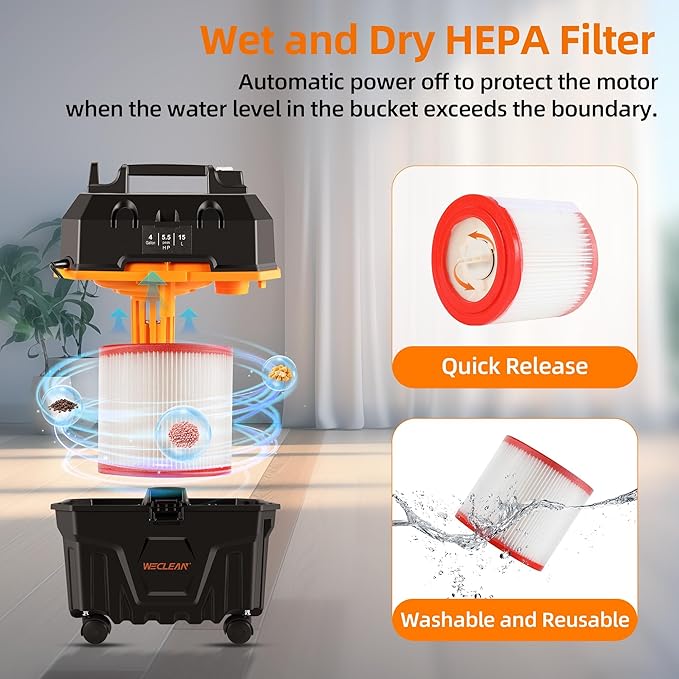 WECLEAN Shop Vac 4 Gallon 5.5 Peak HP Commercial Wet Dry Vacuum Cleaner, Heavy Duty Shop Vac with Blower Function, HEPA Filter, Portable Wet Dry Vac for Garage Car Detailing Construction Cleanup