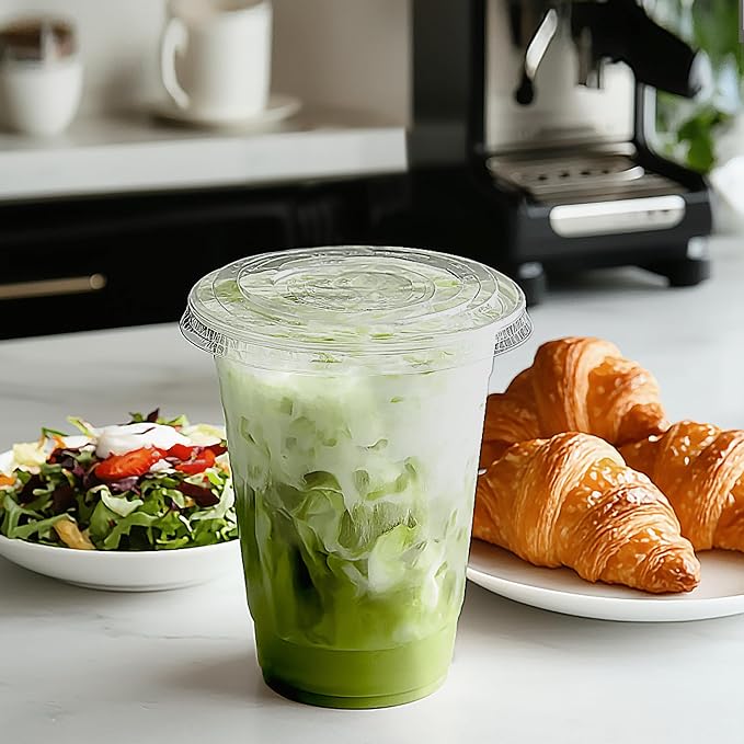 TashiBox plastic cups with lids [20 oz 100cups&100flat lids],Clear Crystal disposable plastic cups,smoothie cups