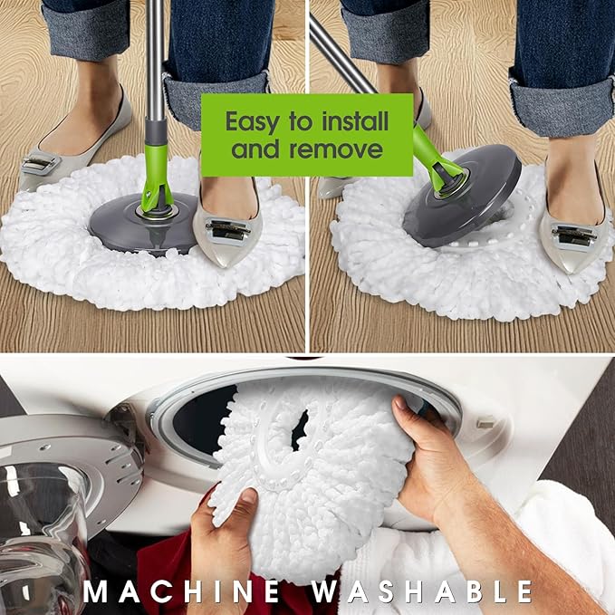 Masthome Spin Mop Bucket System with 3 Mop Pads & Sponge Mop with 3 Absorbent PVA Mop Refills for Floor Cleaning