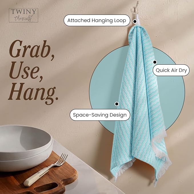 TWINY threads Dish Towel Chevron Weave, 12 Pack, Premium 100% Cotton Kitchen Linen Set, Large Dish Rags and Wash Rags, Absorbent Quick Drying, Machine Washable Dishcloth Set, 16"x26", Aqua Blue