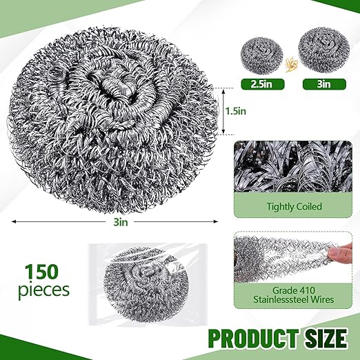 Honeydak 150 Pack Stainless Steel Scourers Steel Wool Scrubbers Bulk Separately Packaged 3 Inch, 25 Gram Metal Scourers Sponges Wire Scouring Pad for Stove Pot Pan Oven Kitchen Restaurant(Classic)