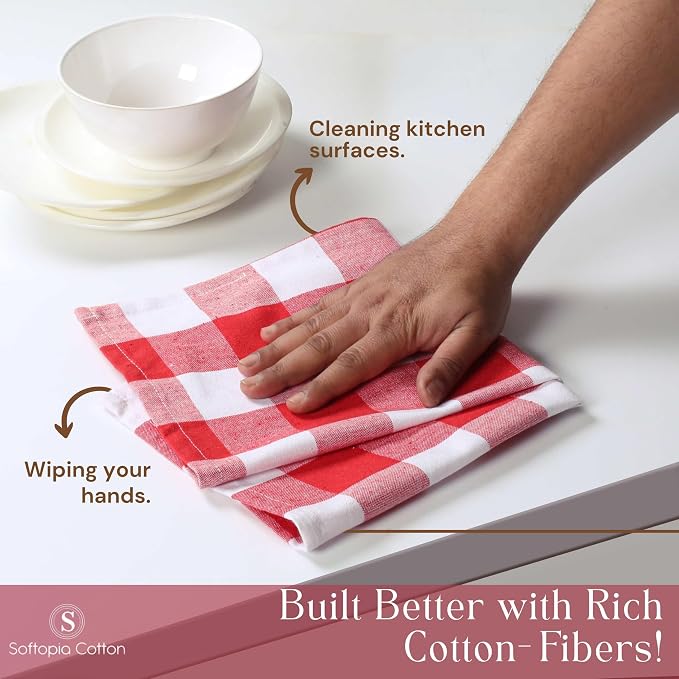 Red Buffalo Plaid Checked Dish Towels 4 Pack, 100% Cotton, 16x26 Inches, Super Absorbent, Quick Drying, Soft, Lint-Free, Durable Tea & Bar Towels with Hanging Loop, Grey and White