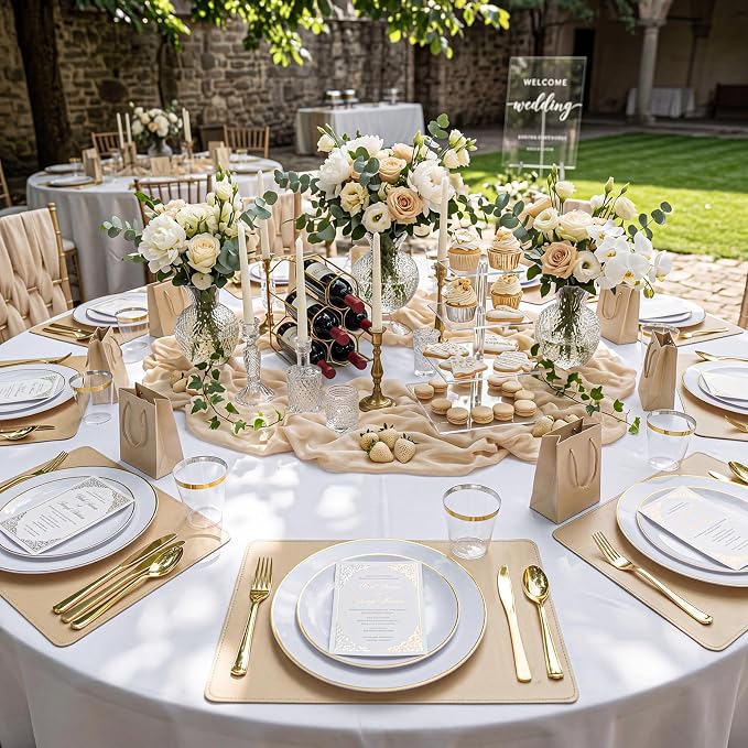 KIRE 350 PCS White and Gold Plates Disposable - Elegant Dinnerware Set of 50 Guest, White Plastic Plates With Gold Rim, Pre Rolled Napkins with Silverware & Cups for Party/Wedding