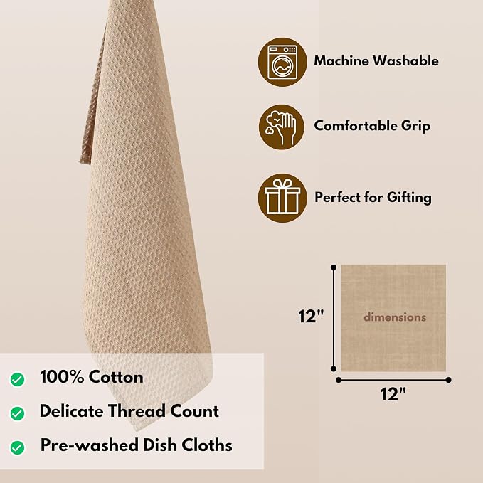 Native Fab Waffle 12 Pack Dish Cloths - 100% Cotton, Absorbent, Quick Drying, Washable Towels for Cleaning, Cooking & Baking - Great for Daily Use, Home, Restaurants, Cafes - 12" x 12" - Beige