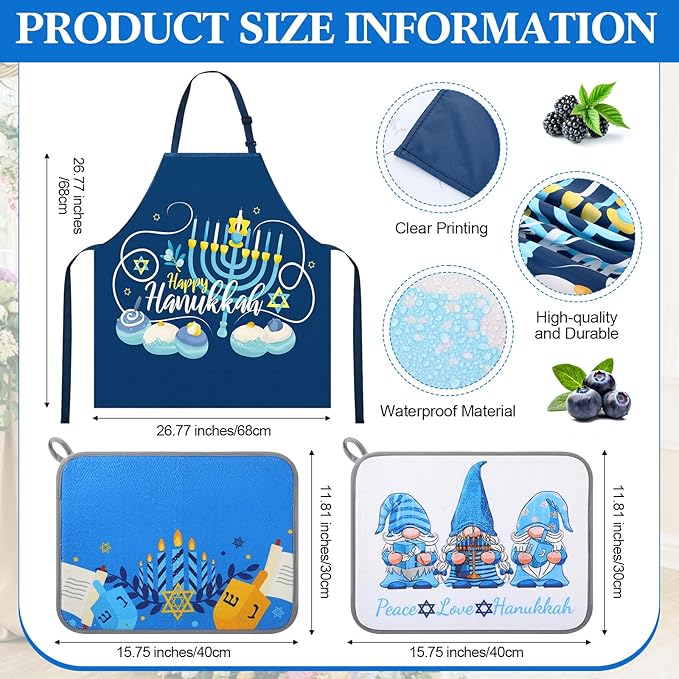 9 Pcs Hanukkah Kitchen Gift Include 1 Hanukkah Apron 2 Kitchen Towels 2 Wooden Spoons 1 Oven Mitts 1 Pot Holders 2 Dish Drying Mat Hanukkah Gifts for Home Decoration Chanukah Gift