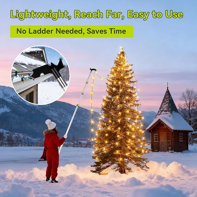 4.7-17 Foot Telescopic Extension Pole with Utility Hook, Telescoping Pole with Hook for String Lights,Christmas Lights,Birdfeeders, Sturdy (17Ft Pole with Hooks)