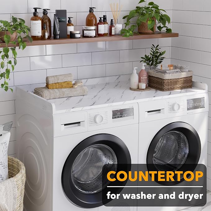 SpaceAid Washer Dryer Countertop, Laundry Wood Shelf Topper with Edge, 54" Width x 27.5" Depth Cover Guard Organizer for Washer and Dryer Laundry Hamper Counter Storage Organization (White Marble)
