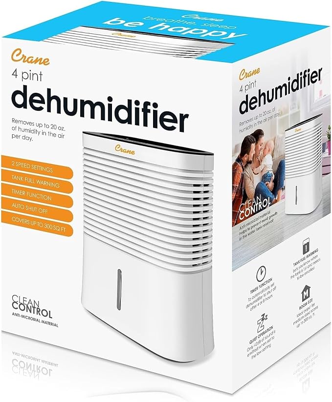 Crane Compact Dehumidifier for 300 Sq Ft Rooms, 0.5 Gallon Tank, For Basements, Bedrooms, Offices, Portable Dehumidifier, Auto Shut-Off, Whisper Quiet
