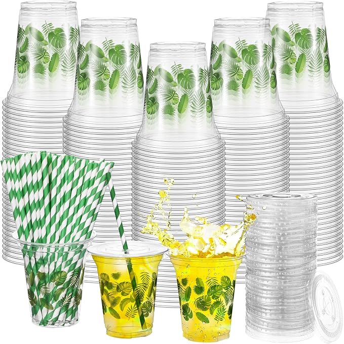 Umigy 100 Pack Plastic Disposable Cups with Lids and Straws 12 oz Disposable Cups for Juice Water Coffee Summer Party Sports Party Supplies(Palm Leaf)