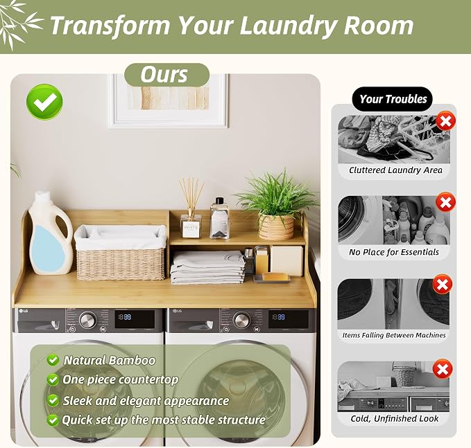 Washer Dryer Countertop with Shelf, 54" x 27.5" 2-Tier Bamboo Laundry Topper, Washer and Dryer Countertop for Laundry Room Organization with Edge Rails, Waterproof, Natural