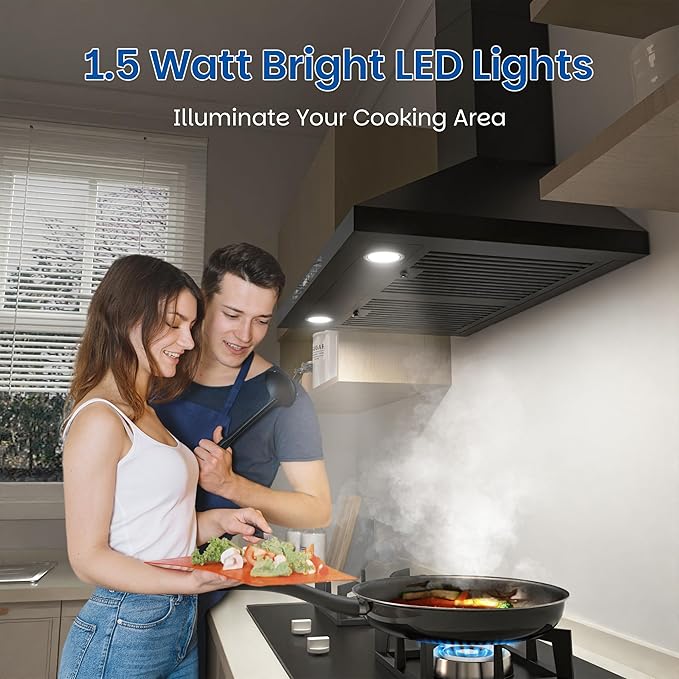 FIREGAS Wall Mount Black Range Hood 30 Inch, 900 CFM Ducted Kitchen Hood 3-Speed Exhaust Fan, Gesture/Touch Control, Timer, 2 Baffle Filters, Stainless Steel Stove Vent Hood
