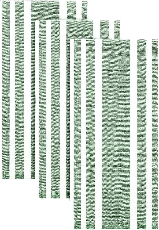 Homaxy Premium Kitchen Towels 18”x 28”, Large Cotton 380 GSM Kitchen Hand Towels, Stripe and Terry Dish Towel, Highly Absorbent Tea Towel Set with Hanging Loop, 3 Pack, Grass Green