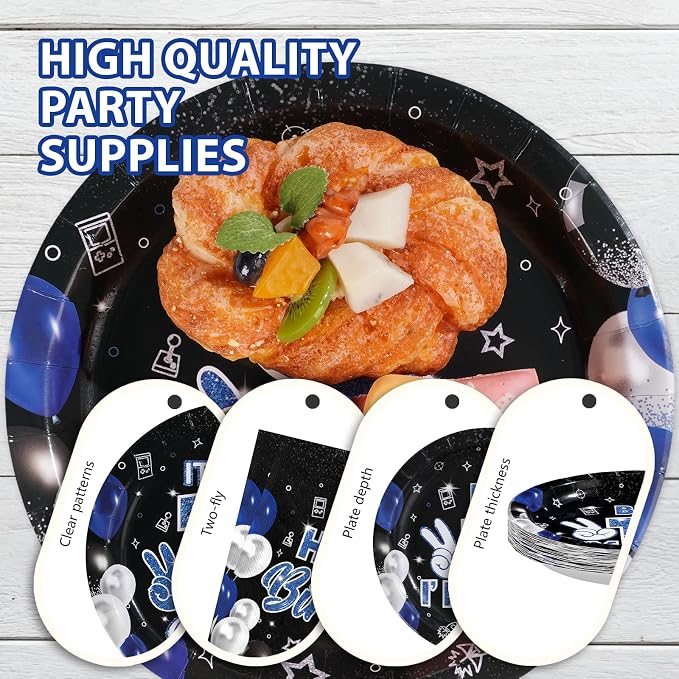 96 Pcs 12th Birthday Decorations for Boys Blue and Black Plates and Napkins Disposable Glitter It's My 12th Birthday Party Supplies for Boys Kids Teenager 12 Years Old Party Decor，Serves 24
