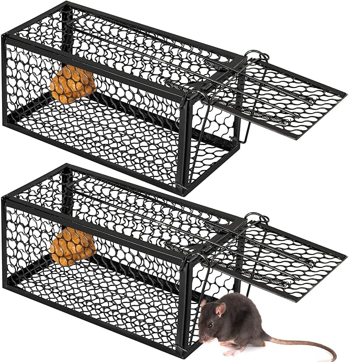 Qualirey 2 Pcs Humane Rat Trap Chipmunk Rodent Mouse Squirrel Trap 9.1 x 4.5 x 4.5 Inches Live Animal Mouse Voles Hamsters Live Cage Rat Cage for Mice Easy to Catch and Release (Black)