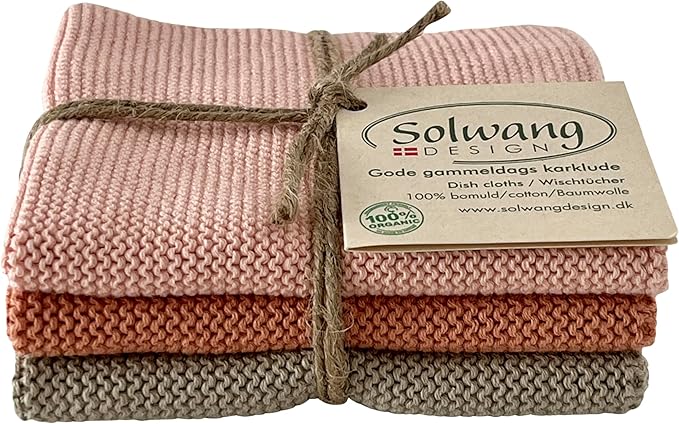 Solwang 3-Piece Danish Cotton Dishcloths in 100% Certified Organic Cotton Made in India (Apricot/Olive Organic Combi)
