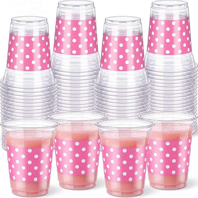 Qinyoung 50 Pcs Plastic Cups 12oz Disposable Cups Bulk Drinking Cup for Cold Drinks Baby Shower Wedding Birthday Valentine's Day Party Supplies (Pink Dot)
