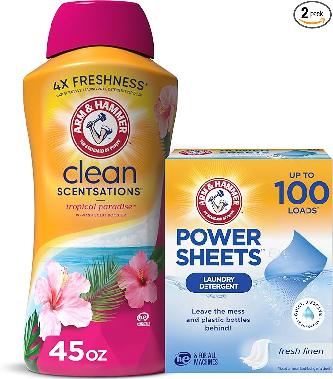 Bundle of Arm & Hammer Power Sheets Laundry Detergent, Fresh Linen 50ct, up to 100 Small Loads (Packaging may vary) + ARM & HAMMER Clean Scentsations