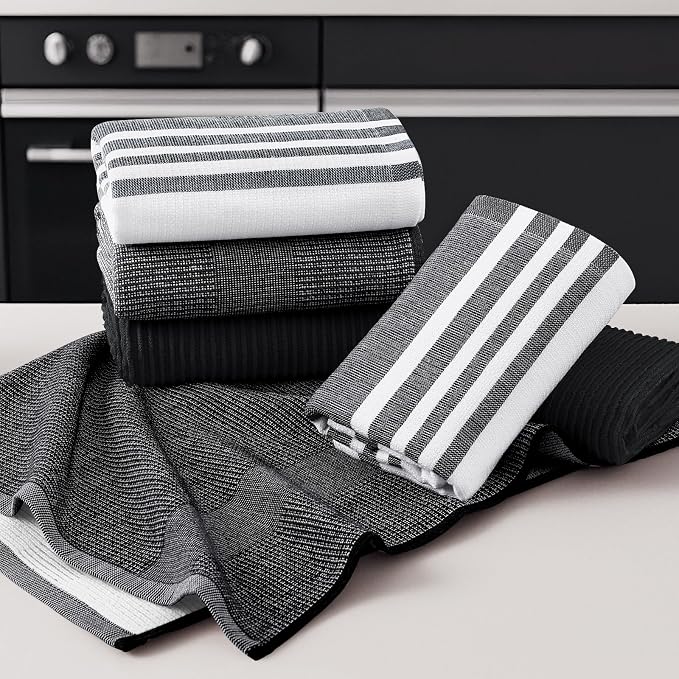 Homaxy Premium Kitchen Towels(18”x 28”, 9 Pack), Large Cotton 380 GSM Kitchen Hand Towels, Soft and Absorbent Terry Dish Towels, Multipurpose Tea Towel Set with Hanging Loop, Black
