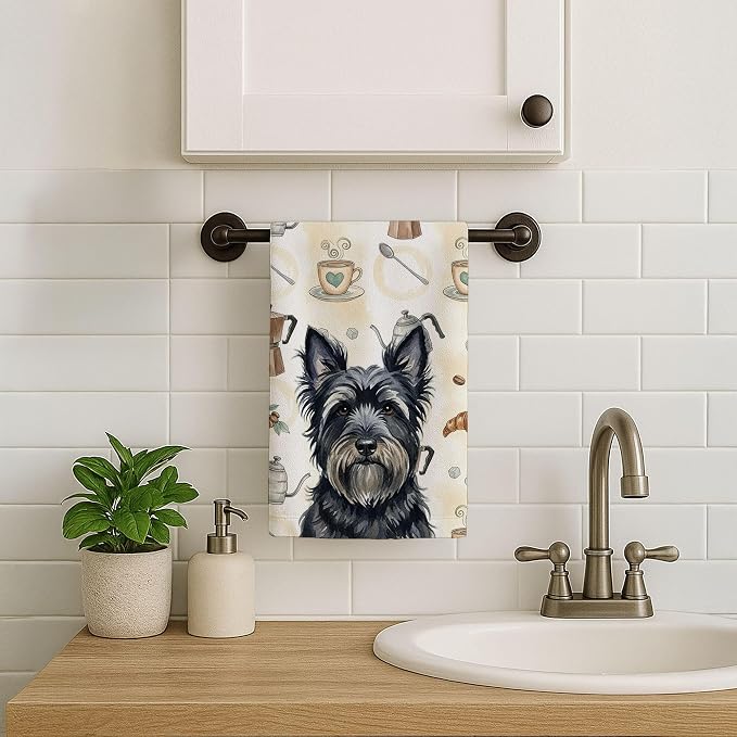 Caroline's Treasures Black Skye Terrier Coffee Bar Kitchen Towel Velour Plush Front and Cotton Loop Back Machine Washable