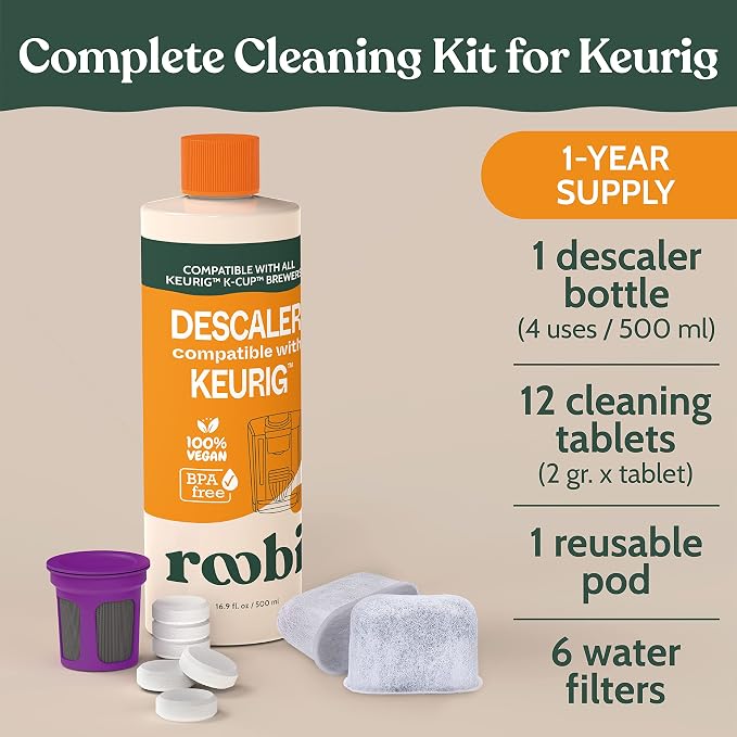 Roobi Keurig Compatible Descaling Solution & Cleaning Kit. Includes 1 Bottle of Keurig Descaler, 12 Cleaning Tablets, 1 Reusable Pod and 6 Water Filters. Carbon Neutral. 1 Year Supply.