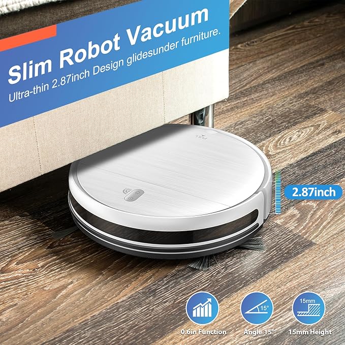 Robot Vacuum and Mop Combo, 2 in 1 Robotic Vacuum Cleaner with Schedule, App/Alexa/Voice Control, Slim 2.87", Self-Charging, Strong Suction & Long Runtime, Ideal for Hard Floor, Pet Hair, Carpet