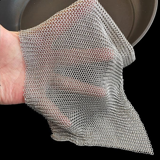 Cast Iron Cleaner and Chainmail Skillet Scrubber - 10''x10'' Upgraded 3.8mm Small Ring, 316L Stainless Steel Fine Rings - Durable Scraper for Skillets, Pans, Griddles & Containers