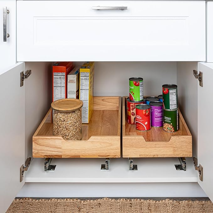Household Essentials Glidez Steel and Wood Pull-Out/Slide-Out Storage Organizer for Under Cabinet Use - 1-Tier Design - Fits Standard Size Cabinet or Shelf, Brushed Nickel and Natural