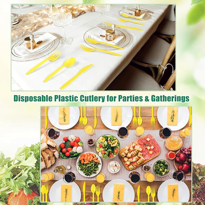 Kochorie 90 Pieces Yellow Plastic Cutlery Set Disposable Plastic Utensils Heavy Duty Flatware Set Includes 30 Knives 30 Forks 30 Spoons for Birthday Wedding Party, Picnic