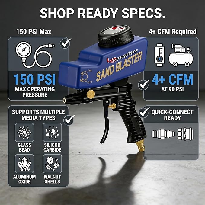 LE LEMATEC Portable Sand Blaster Gun Pro Kit (Pistola de Arena) - Premium Rust & Paint Removal for Auto, Patio & Furniture Restoration - Ceramic Nozzle - Optimized for 90 PSI 4 CFM Compressors