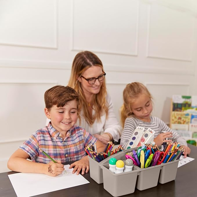 ECR4Kids 6-Compartment Large Plastic Caddy, Multipurpose Organization, Grey, 6-Pack