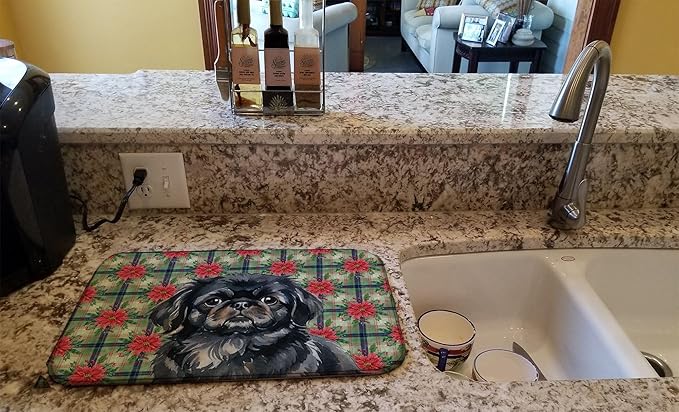 Caroline's Treasures Black Pekingese Christmas PoinsettIas Dish Drying Mat Absorbent Dish Drying Mat Pad for Kitchen Counter Dish Drainer Mat for Countertop, 14 x 21", Multicolor