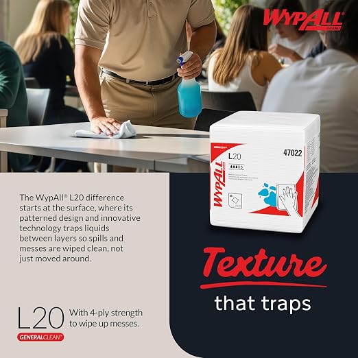 WypAll GeneralClean L20 Cloths Medium Cleaning Wipes (47022), Quarterfold Towels, Bulk Paper Wipers, White (12 Boxes of 68 Sheets, 816 Sheet Total)