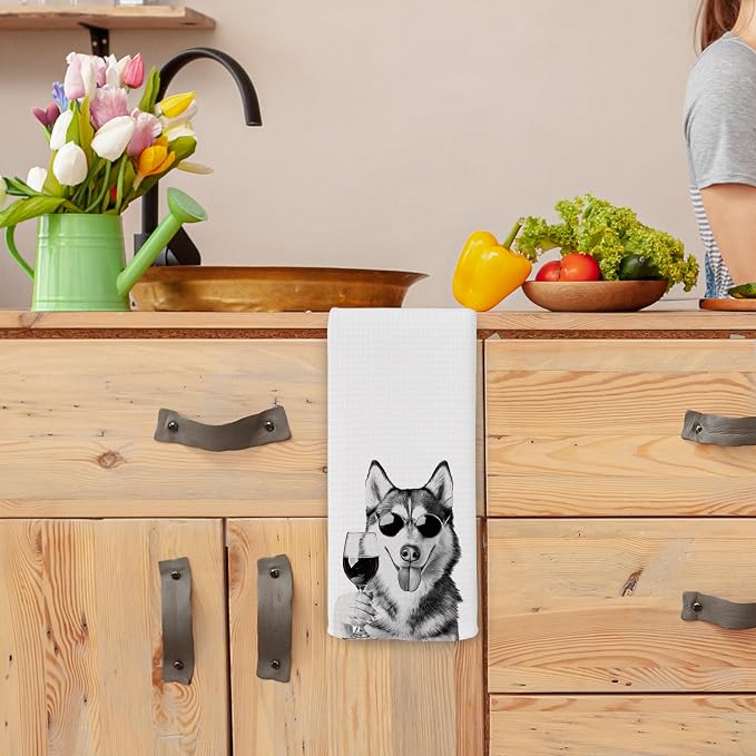 Funny Husky Wine Kitchen Towels, Gifts for Dog Wine Lovers, Bar Accessories Dish Tea Towels for Kitchen, Dog Owners Housewarming Gift Decorative Hand Towel 16x24 Inch