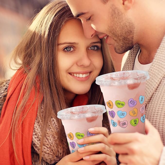 JarThenaAMCS 50Pcs Valentine's Day Disposable Plastic Cups With Lids And Straws 12oz Romantic Conversation Heart Decoration Love Heart Cups for Dinner Anniversary Party Supplies