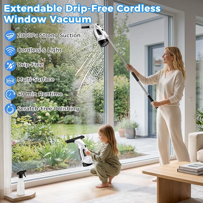 Window Vacuum Squeegee with Extendable Pole 31-40", 2000Pa Electric Window Cleaning Tool with 2200mAh and 150ml Dirty Water Tank, Long Handle Squeegee for Windows, Shower Doors, Mirrors, and Tiles