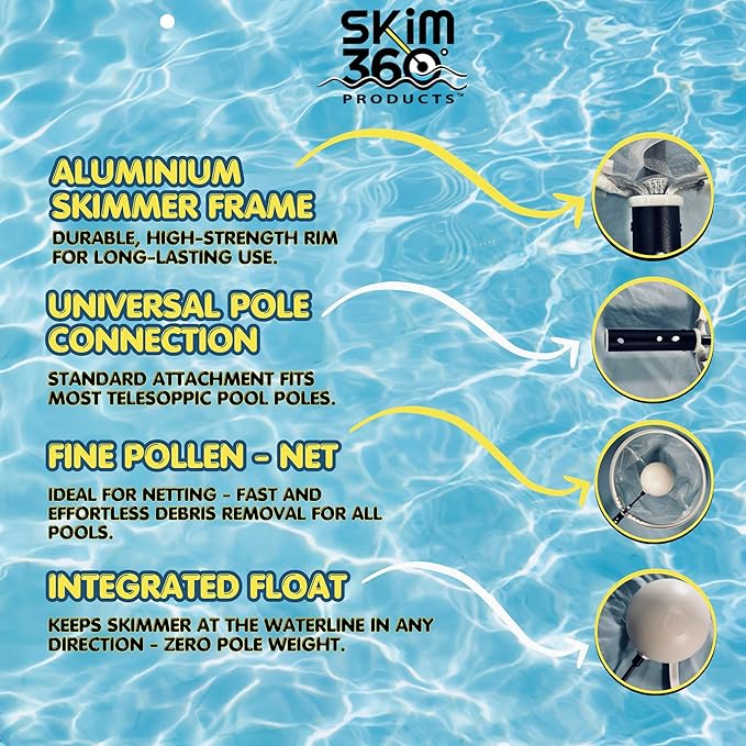 16" Pool Skimmer Net with Float Assist - 360° Movement in Any Direction, Very Fine Deep Silt/Sand Net, Zero Pole & SkimmerWeight, Fast & Effortless Debris Removal for All Pools, Ponds & Spas