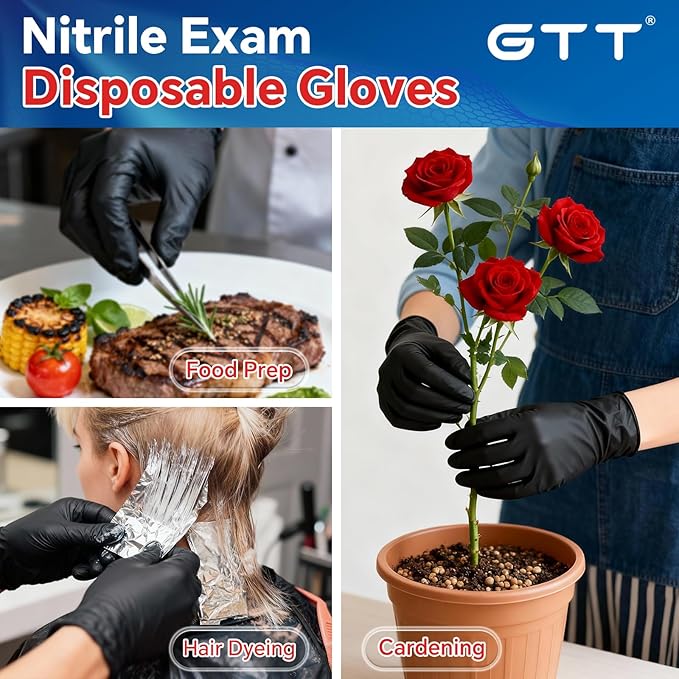 GTT Black Nitrile Exam Gloves 6 Mil, Powder-Free Disposable Gloves, First Aid,Cleaning Food Prep, Tattoo,Cooking,Mechanical
