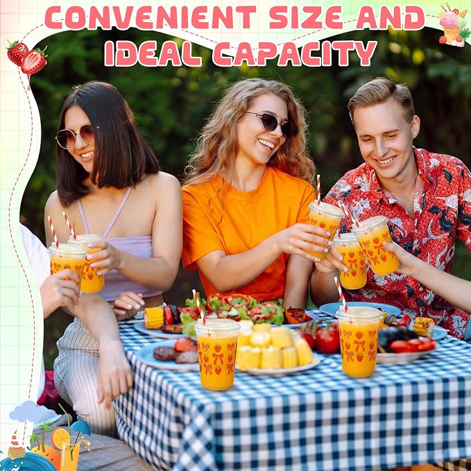 Rtteri 50 Sets Strawberry Plastic Cups with Lids and Straws 16 oz Red Bow Strawberry Disposable Cups Bulk Clear Drinking Cup for Berry First Birthday Baby Shower Party Decoration Supplies