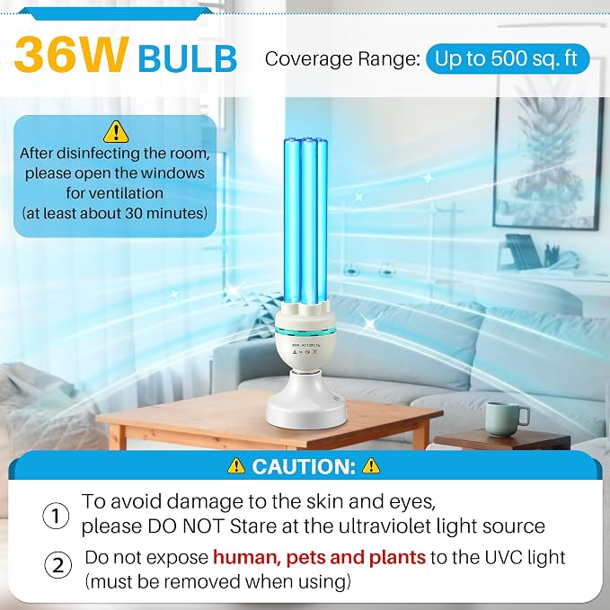 Qualirey 36 Watts UVC Ozone Light with Remote Control and UV Glasses, UV Lamp with E26 Base, 3 Gear Timer 15/30/60 Minutes, UVC Light Bulb for Basement, Bedroom, Kitchen, Storehouse, Car